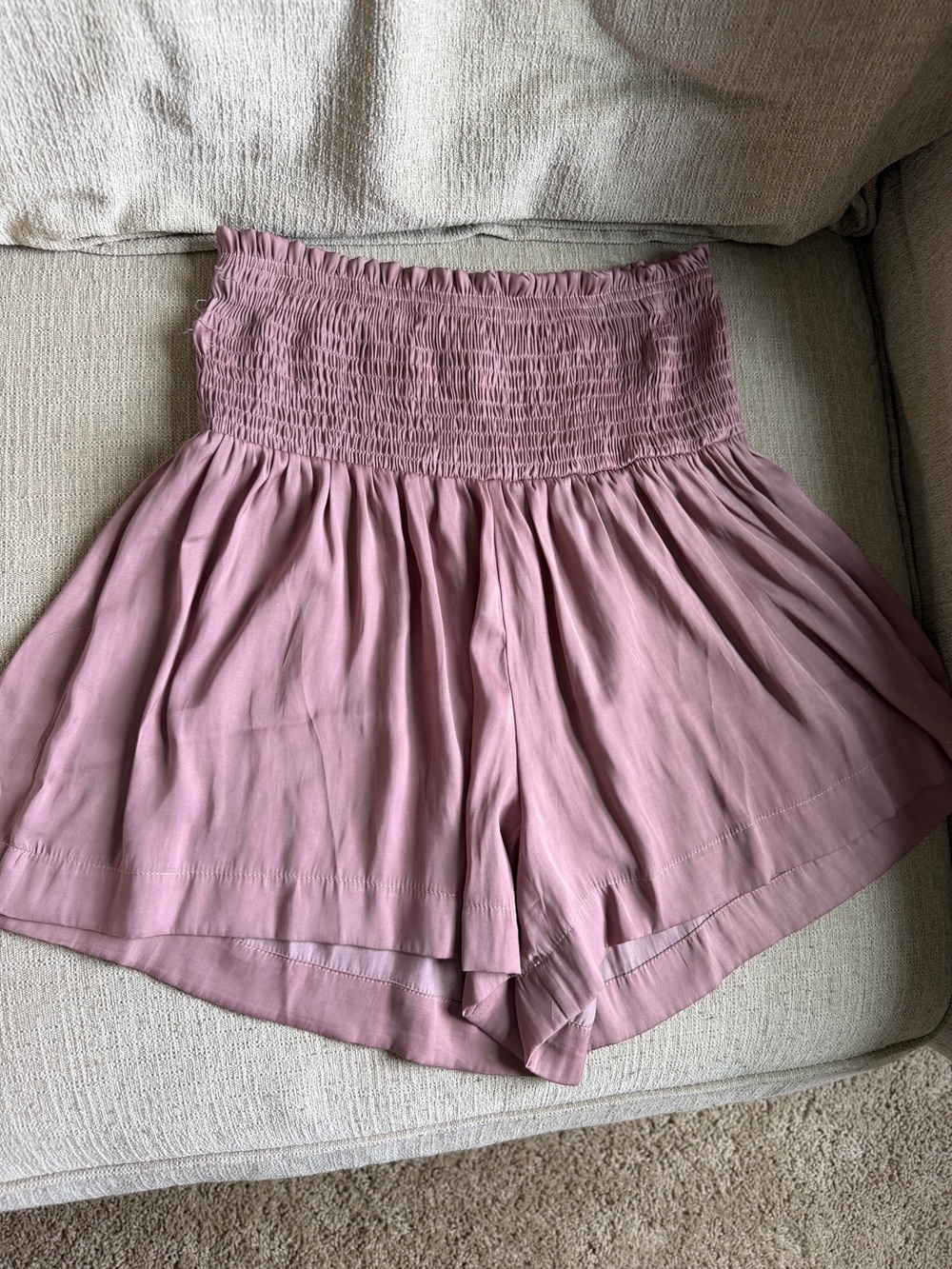 TCEC Smocked High-Waist Shorts in Dusty Mauve
